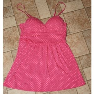 Pink top with lighter pink polka dots